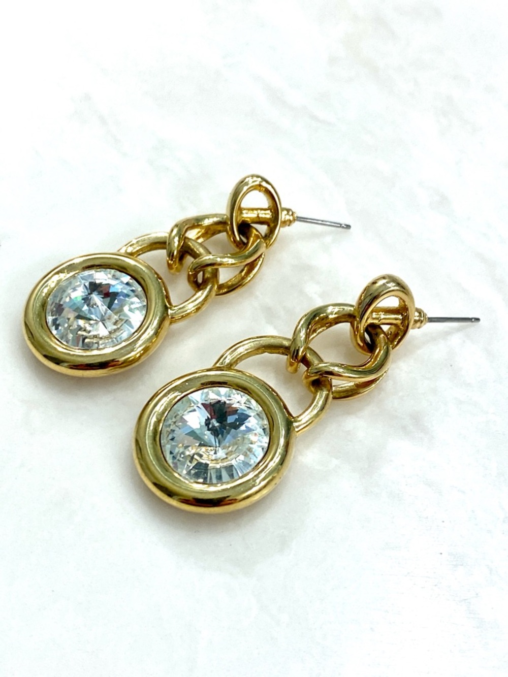 Vintage Gold-Tone Chain Drop Earrings with Clear Crystal Accents